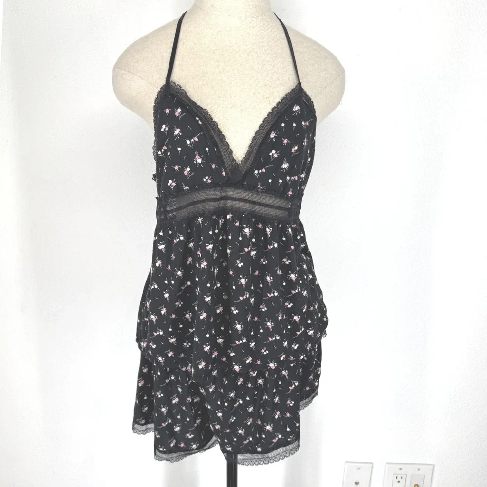 Victorias Secret Black Floral Lace Trim Pajama Set XL‎ Cami Shorts 2 Piece Sleep